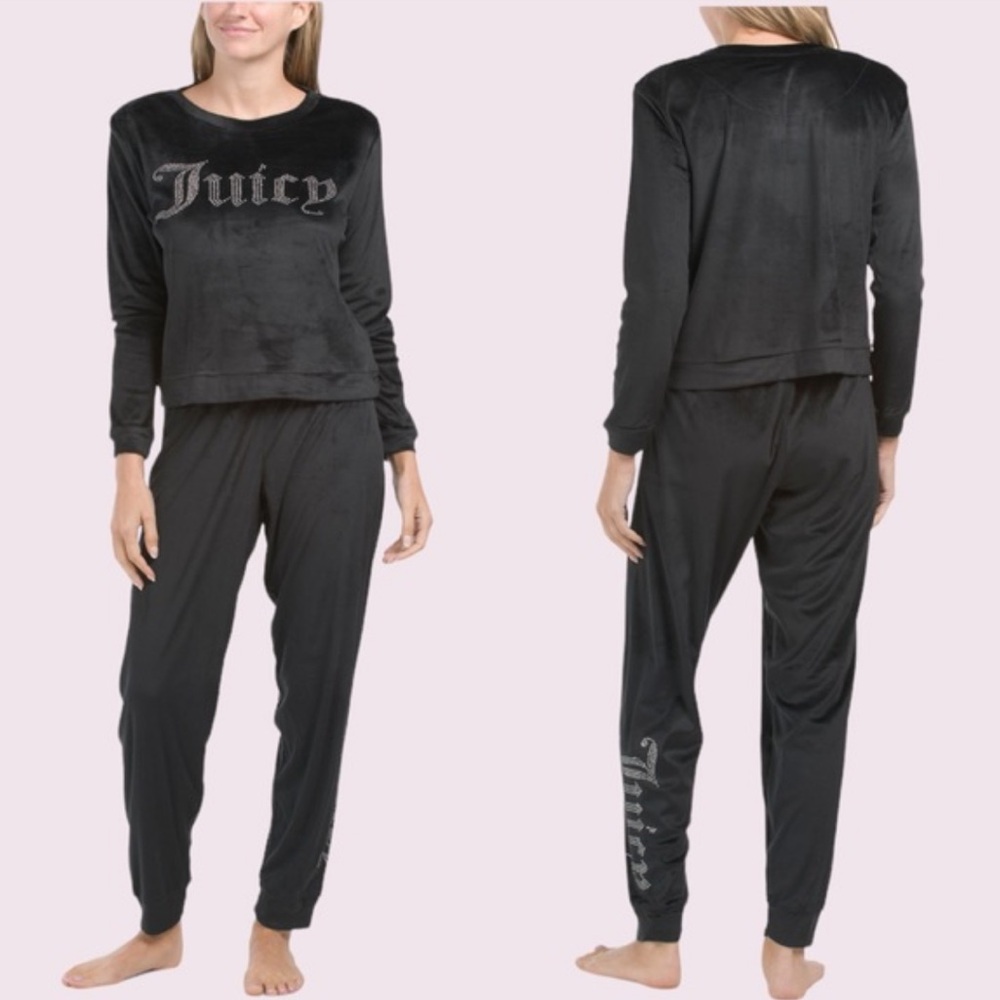 Juicy Couture Sleepwear Velour Rhinestone Long Sleeve & Pants Set in Black